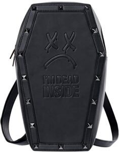 moody monday ‘i’m dead inside’ studded coffin backpack – embossed premium vegan leather black book bag – adjustable straps with zip closure – goth & gothic accessories – grunge emo punk rock clothing