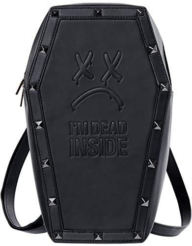 Moody Monday ‘I’m Dead Inside’ Studded Coffin Backpack - Embossed Premium Vegan Leather Black Book Bag - Adjustable Straps with Zip Closure - Goth & Gothic Accessories - Grunge Emo Punk Rock Clothing