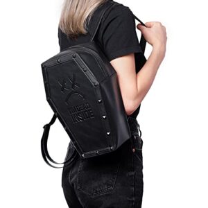 Moody Monday ‘I’m Dead Inside’ Studded Coffin Backpack - Embossed Premium Vegan Leather Black Book Bag - Adjustable Straps with Zip Closure - Goth & Gothic Accessories - Grunge Emo Punk Rock Clothing