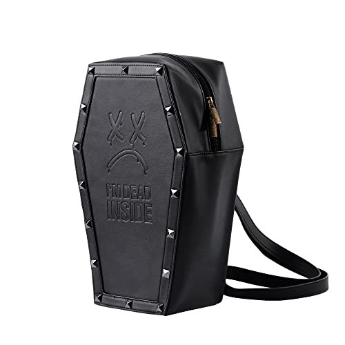 Moody Monday ‘I’m Dead Inside’ Studded Coffin Backpack - Embossed Premium Vegan Leather Black Book Bag - Adjustable Straps with Zip Closure - Goth & Gothic Accessories - Grunge Emo Punk Rock Clothing