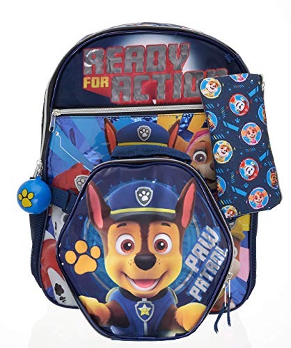 Paw Patrol 5 Piece Ready for Action Backpack Set for Kids, Kindergarten Toddler’s Schoolbag with Insulated Lunch Box, Pencil Case, Cinch Shoe Bag and Squishy Ball Toy Dangle