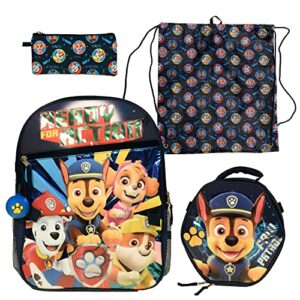 Paw Patrol 5 Piece Ready for Action Backpack Set for Kids, Kindergarten Toddler’s Schoolbag with Insulated Lunch Box, Pencil Case, Cinch Shoe Bag and Squishy Ball Toy Dangle