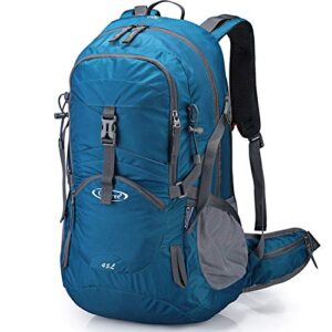 g4free 45l hiking travel backpack waterproof with rain cover, outdoor camping daypack for men women(grey blue)