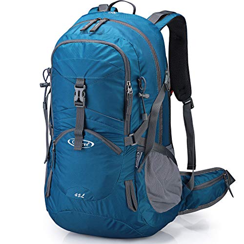 G4Free 45L Hiking Travel Backpack Waterproof with Rain Cover, Outdoor Camping Daypack for Men Women(Grey Blue)