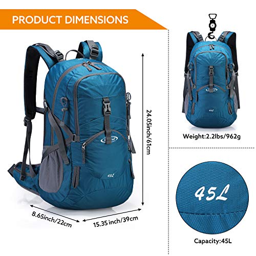 G4Free 45L Hiking Travel Backpack Waterproof with Rain Cover, Outdoor Camping Daypack for Men Women(Grey Blue)