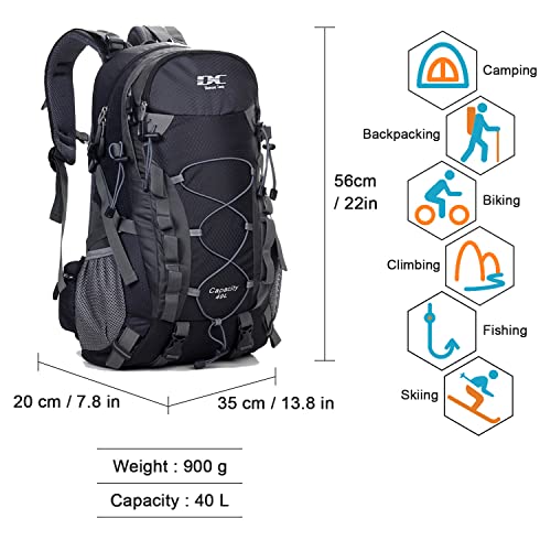 Diamond Candy Waterproof Hiking Backpack for Men and Women, Lightweight Day Pack for Travel Camping, Black, 40L