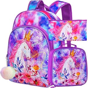 ccjpx 3pcs girls backpack, 16” kids unicorn sequin bookbag and lunch box for kindergarten elementary