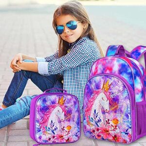 CCJPX 3PCS Girls Backpack, 16” Kids Unicorn Sequin Bookbag and Lunch Box for Kindergarten Elementary