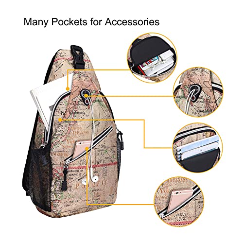 MOSISO Sling Backpack,Travel Hiking Daypack Pattern Rope Crossbody Shoulder Bag, Camel Base World Map