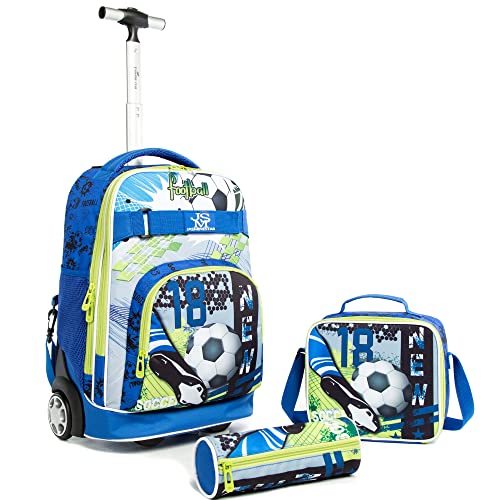 MOHCO 19 inch Rolling Backpack Set Wheeled School Book bag with Insulated Lunch Bag and Pencil Case (Football)