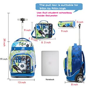 MOHCO 19 inch Rolling Backpack Set Wheeled School Book bag with Insulated Lunch Bag and Pencil Case (Football)