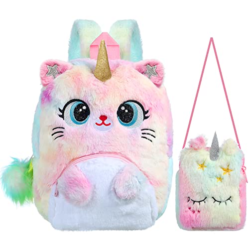 2Pcs Unicorn Cat Backpack Purse Set, Kawaii Cute Colorful Unicorn Cat Kitty Shoulder Bag Gift Set for Kids Toddler Girls