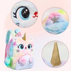 2Pcs Unicorn Cat Backpack Purse Set, Kawaii Cute Colorful Unicorn Cat Kitty Shoulder Bag Gift Set for Kids Toddler Girls