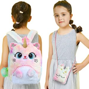 2Pcs Unicorn Cat Backpack Purse Set, Kawaii Cute Colorful Unicorn Cat Kitty Shoulder Bag Gift Set for Kids Toddler Girls