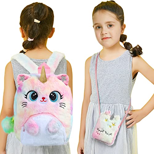 2Pcs Unicorn Cat Backpack Purse Set, Kawaii Cute Colorful Unicorn Cat Kitty Shoulder Bag Gift Set for Kids Toddler Girls