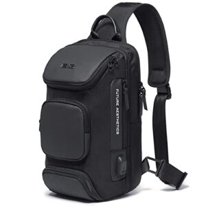 sling bag for men shoulder crossbody bags sling backpack with usb charging port waterproof travel hiking outdoor daypack (black-1)