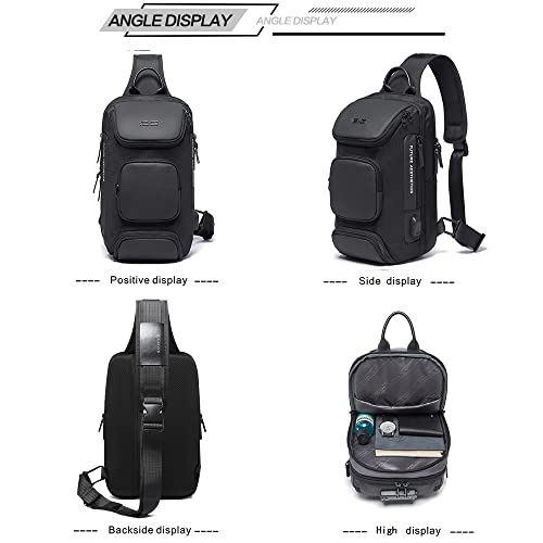 Sling Bag for Men Shoulder Crossbody Bags Sling Backpack with USB Charging Port Waterproof Travel Hiking Outdoor Daypack (Black-1)
