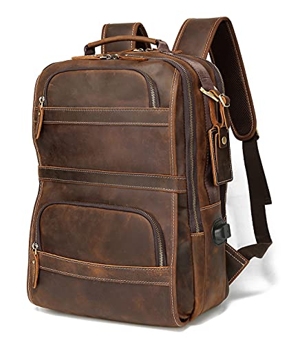 LANNSYNE Vintage Genuine Leather Backpack For Men 15.6 Inch Laptop Bag School Bag Overnight Weekender Camping Daypack Rucksack