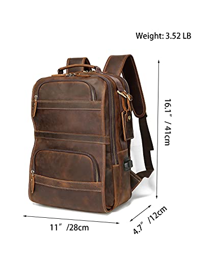 LANNSYNE Vintage Genuine Leather Backpack For Men 15.6 Inch Laptop Bag School Bag Overnight Weekender Camping Daypack Rucksack