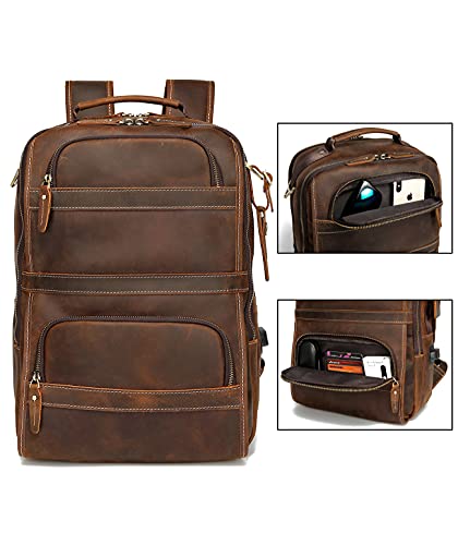 LANNSYNE Vintage Genuine Leather Backpack For Men 15.6 Inch Laptop Bag School Bag Overnight Weekender Camping Daypack Rucksack