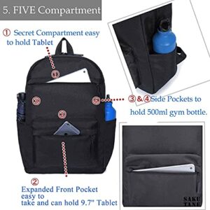 SAKUTANE Black Backpack 21Liter Waterproof School Bag 15.6 inch Laptop Mochila Plain No Logo Lots Pockets Teenagers Kids Men Women 33x14x44cm College Work Trip Gym Travel Roomy Daypack Lightweight