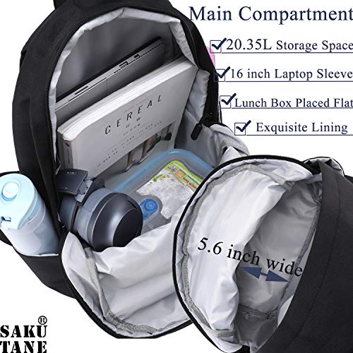 SAKUTANE Black Backpack 21Liter Waterproof School Bag 15.6 inch Laptop Mochila Plain No Logo Lots Pockets Teenagers Kids Men Women 33x14x44cm College Work Trip Gym Travel Roomy Daypack Lightweight