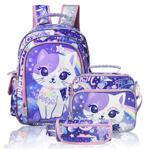 16 Inch Girls Backpack with Lunch Box and Pencil Case Cute Cat Backpack for Girls Kawaii Kids Backpack with Lunch Box for Elementary Kindergarten