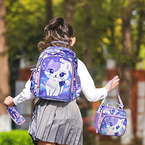 16 Inch Girls Backpack with Lunch Box and Pencil Case Cute Cat Backpack for Girls Kawaii Kids Backpack with Lunch Box for Elementary Kindergarten