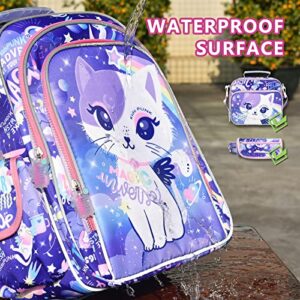 16 Inch Girls Backpack with Lunch Box and Pencil Case Cute Cat Backpack for Girls Kawaii Kids Backpack with Lunch Box for Elementary Kindergarten