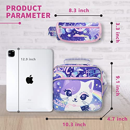 16 Inch Girls Backpack with Lunch Box and Pencil Case Cute Cat Backpack for Girls Kawaii Kids Backpack with Lunch Box for Elementary Kindergarten