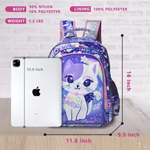 16 Inch Girls Backpack with Lunch Box and Pencil Case Cute Cat Backpack for Girls Kawaii Kids Backpack with Lunch Box for Elementary Kindergarten