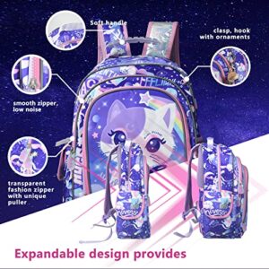 16 Inch Girls Backpack with Lunch Box and Pencil Case Cute Cat Backpack for Girls Kawaii Kids Backpack with Lunch Box for Elementary Kindergarten