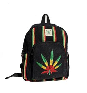 handmade rasta marijuana black yellow red backpack | made in nepal travel backpack with water bottle pockets | hemp cotton backpack – small mini backpack