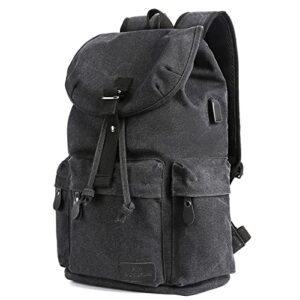 small canvas vintage backpack for men women,travel laptop backpack with usb charging port,school college backpack book bag casual rucksack fits 15.6 inch laptop,black
