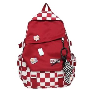 harajuku large fashion checkered plaid backpack cute pendant pins girl boy teen student school bag bookbag satchel laptop (red,large)