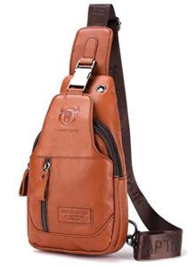 bullcaptain leather men’s sling backpack multi-pocket crossbody chest bags travel hiking daypack with earphone hole (brown 2)