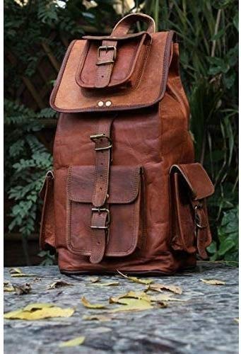 20" Retro Travel Rucksack Backpack Brown Leather Bag for Men Women