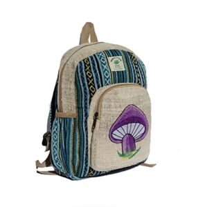 handmade mini hemp mushroom backpack purple mushroom | made in nepal travel backpack with water bottle pockets | hemp cotton backpack