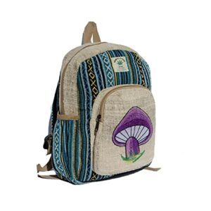 Handmade Mini Hemp Mushroom Backpack Purple Mushroom | Made in Nepal Travel Backpack with Water Bottle Pockets | Hemp Cotton Backpack