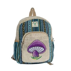 Handmade Mini Hemp Mushroom Backpack Purple Mushroom | Made in Nepal Travel Backpack with Water Bottle Pockets | Hemp Cotton Backpack
