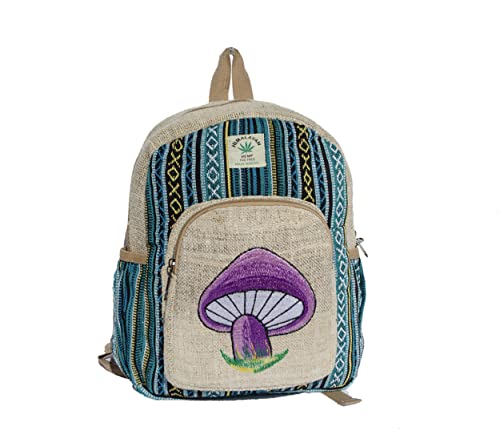 Handmade Mini Hemp Mushroom Backpack Purple Mushroom | Made in Nepal Travel Backpack with Water Bottle Pockets | Hemp Cotton Backpack