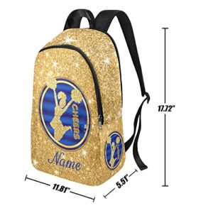 CUXWEOT Personalized Blue and Gold Cheerleader Backpack with Name Custom Travel Daypack Bag for Man Woman Gifts