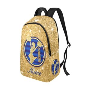 CUXWEOT Personalized Blue and Gold Cheerleader Backpack with Name Custom Travel Daypack Bag for Man Woman Gifts