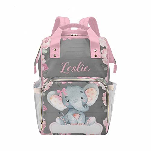 InterestPrint Personalized Baby Elephant with Pink Rose Flowers Diaper Bag Nursing Baby Bags Nappy Bag Travel Daypack for Mom Dad Girl