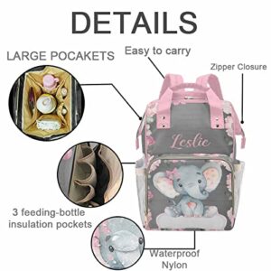 InterestPrint Personalized Baby Elephant with Pink Rose Flowers Diaper Bag Nursing Baby Bags Nappy Bag Travel Daypack for Mom Dad Girl