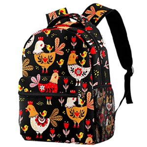 lorvies colorful rooster chicken floral pattern lightweight school classic backpack travel rucksack for girl women kids teens