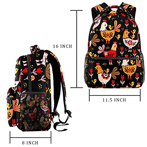 LORVIES Colorful Rooster Chicken Floral Pattern Lightweight School Classic Backpack Travel Rucksack for Girl Women Kids Teens