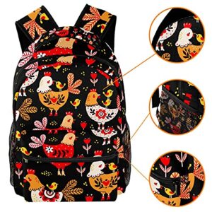 LORVIES Colorful Rooster Chicken Floral Pattern Lightweight School Classic Backpack Travel Rucksack for Girl Women Kids Teens