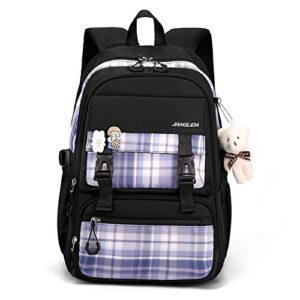 aesthetic backpack for school, cute girls preppy book bag, kawaii large capacity middle school plaid backpack for teenagers (black)