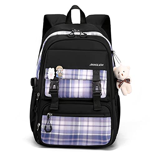 Aesthetic Backpack for School, Cute Girls Preppy Book Bag, Kawaii Large Capacity Middle School Plaid Backpack for Teenagers (Black)